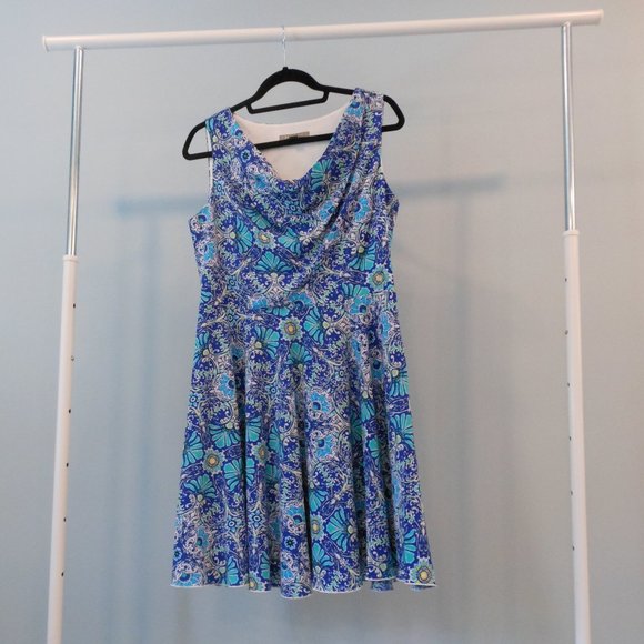 Blue Floral Paisley Dress with Cowl Neck - Size Large - Picture 1 of 7